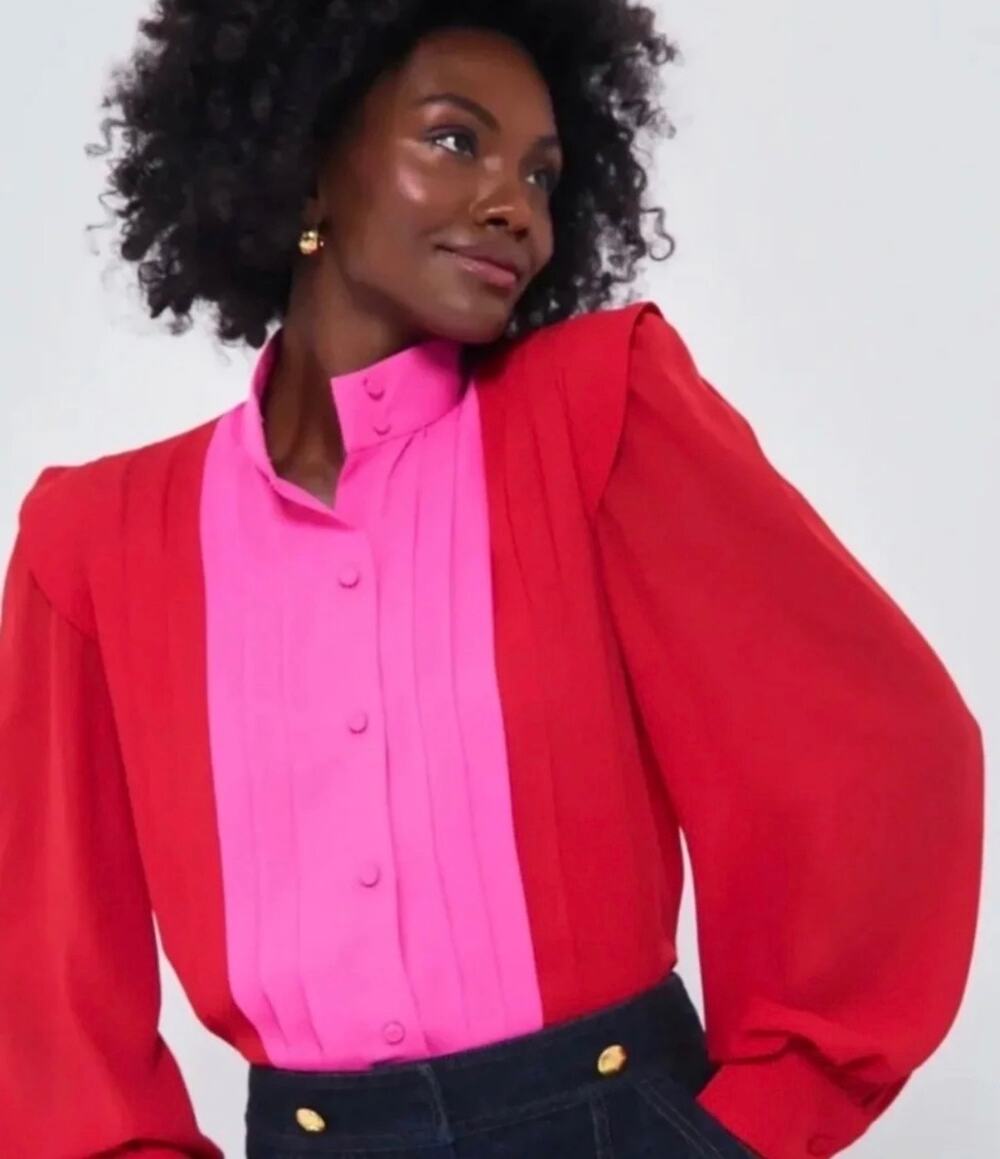 Tuckernuck x India Hicks Women’s M Grove Pleated Blouse Pink Colorblock Preppy